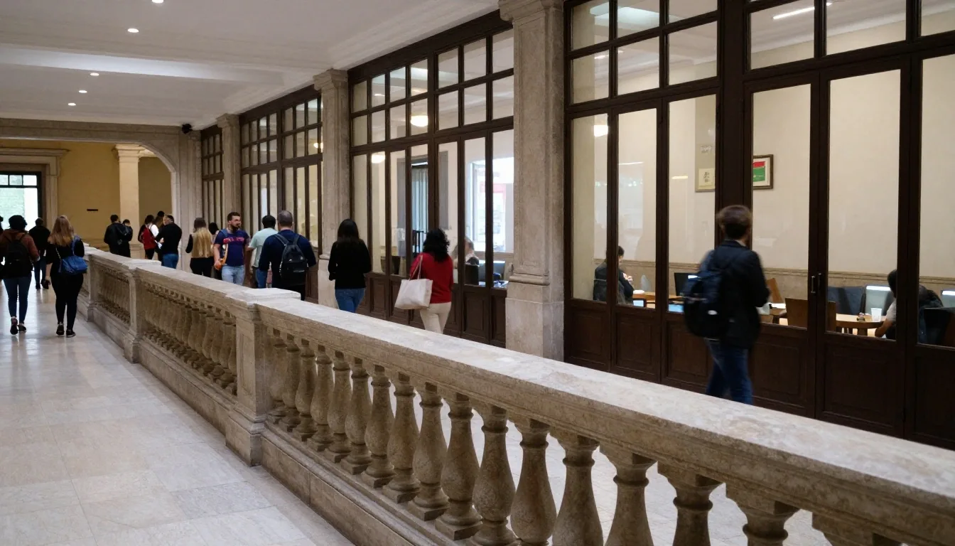 Pasillo amplio de sucursal con baranda y fila de personas