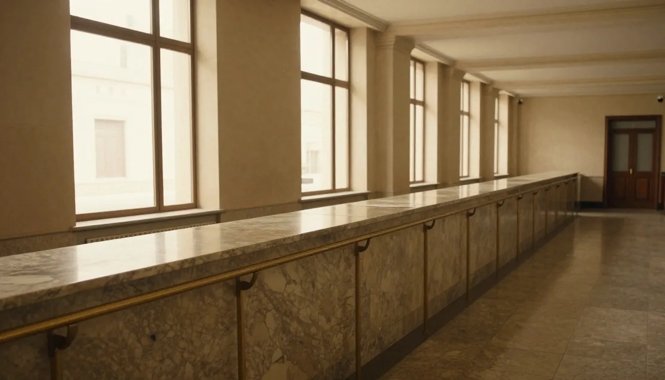 Sala de una sucursal bancaria argentina con luz lateral