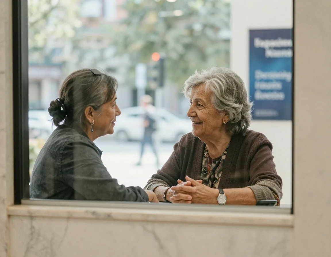 Persona mayor conversando en ventanilla con documentación