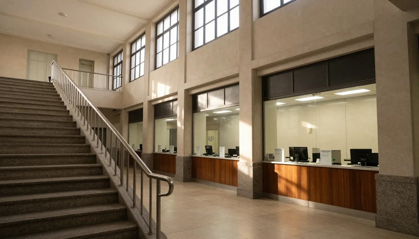 Salón vacío de sucursal con escalinata y baranda bajo luz suave
