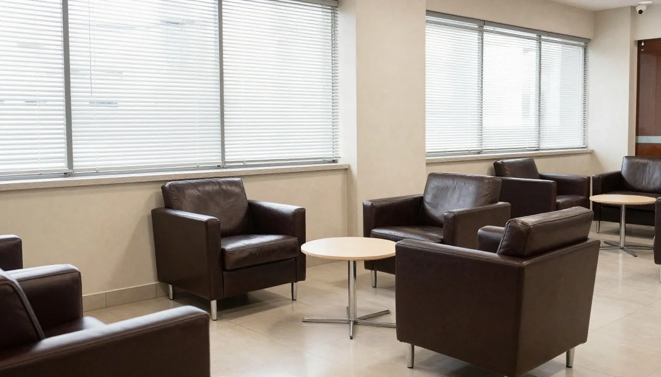 Sala de una sucursal bancaria vacía con luz lateral suave