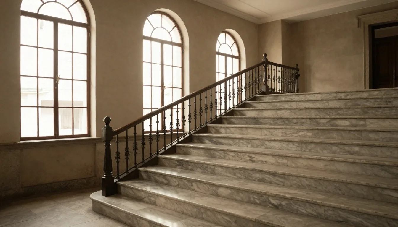 Sala de sucursal bancaria con luz lateral y mostrador de mármol