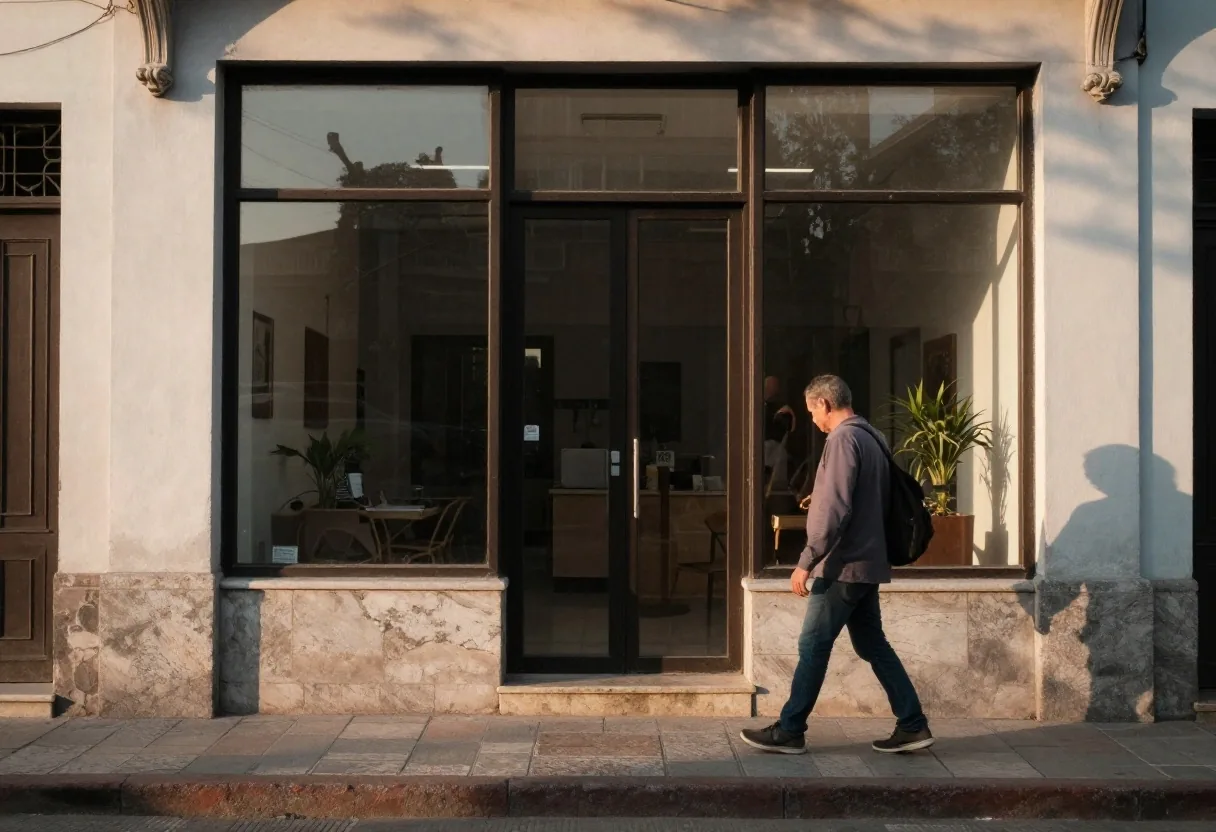 Entrada de una sucursal barrial con escalones de piedra y puertas de vidrio
