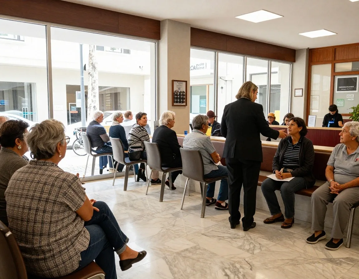 Personas mayores esperando en la fila de caja de una sucursal