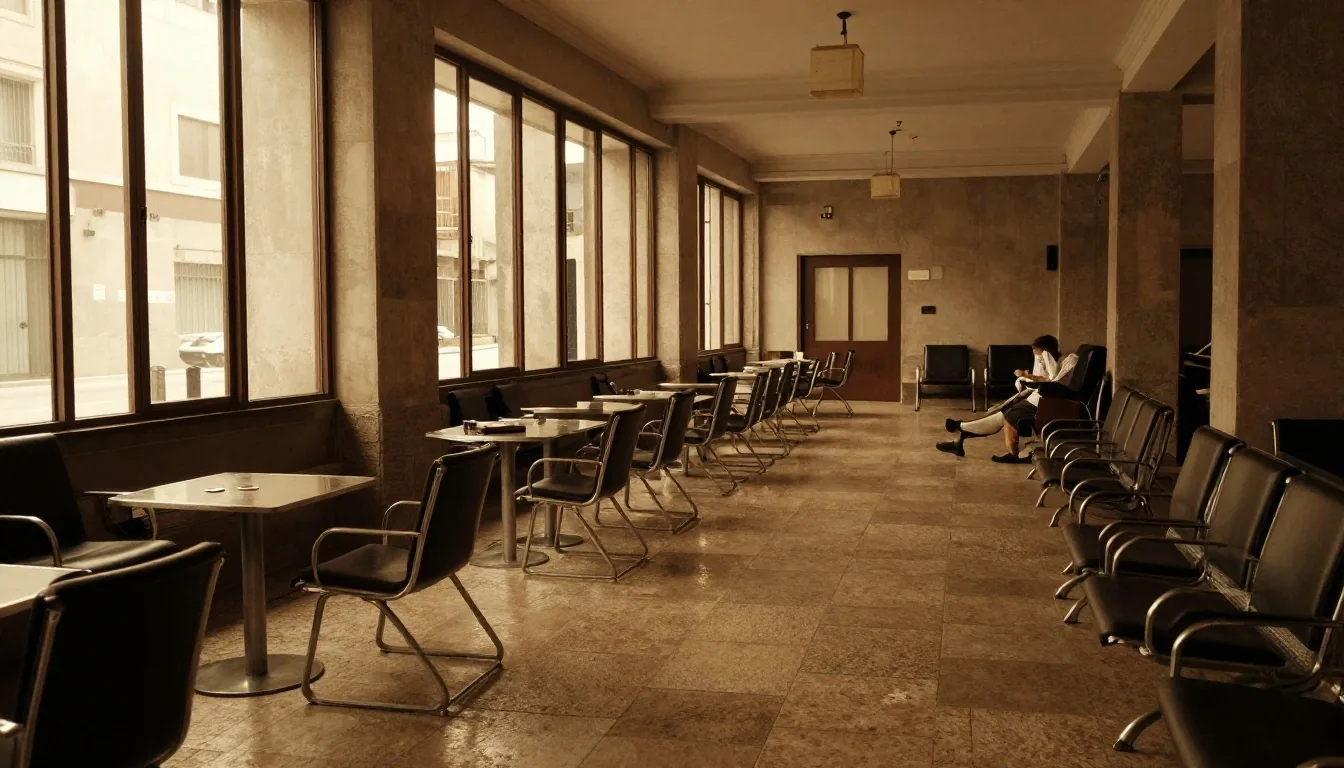 Sala de una sucursal bancaria con luz lateral entrando por ventanales altos