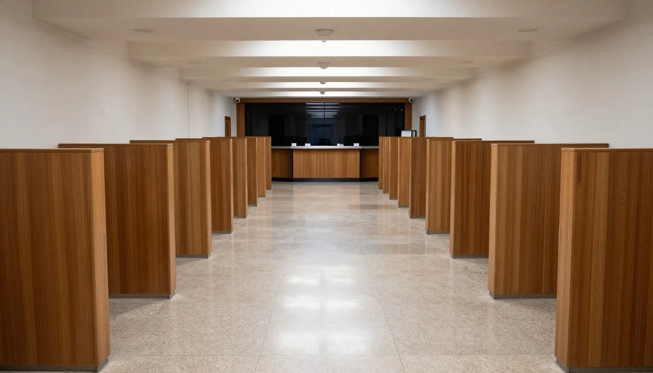 Sala vacía de sucursal bancaria con luz de tarde sobre el piso de piedra