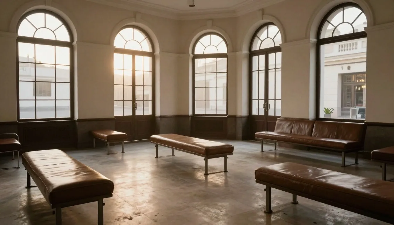 Salón de sucursal bancaria con luz lateral