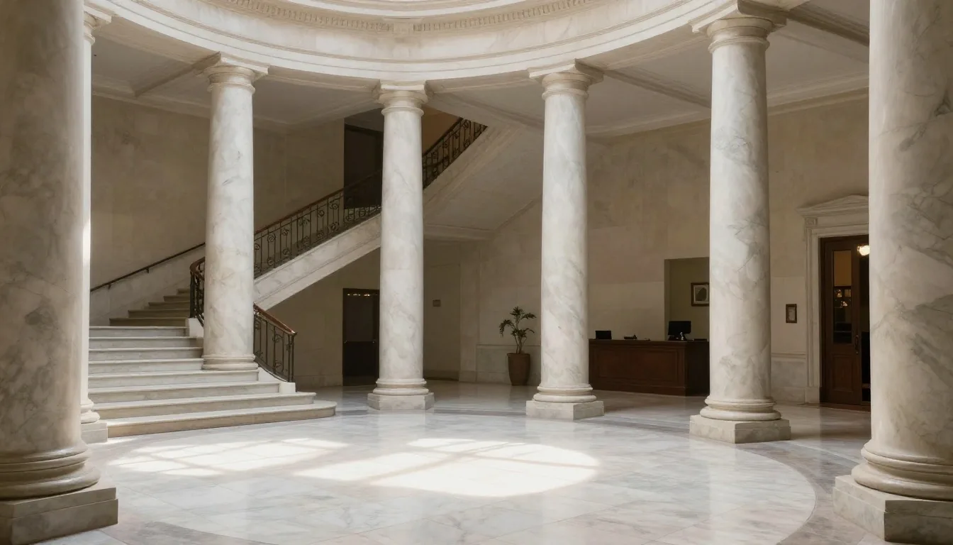 Hall amplio de banco con luz de mañana