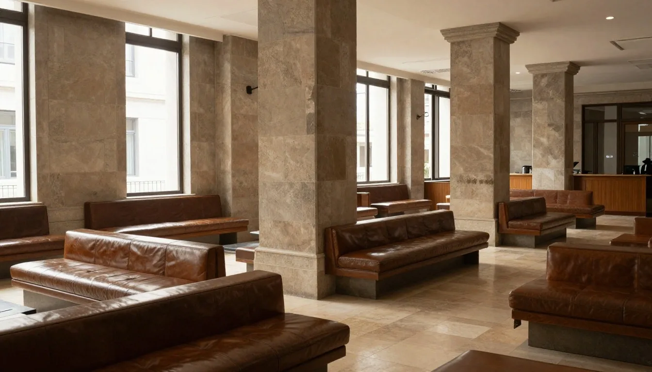 Sala de sucursal bancaria con luz lateral