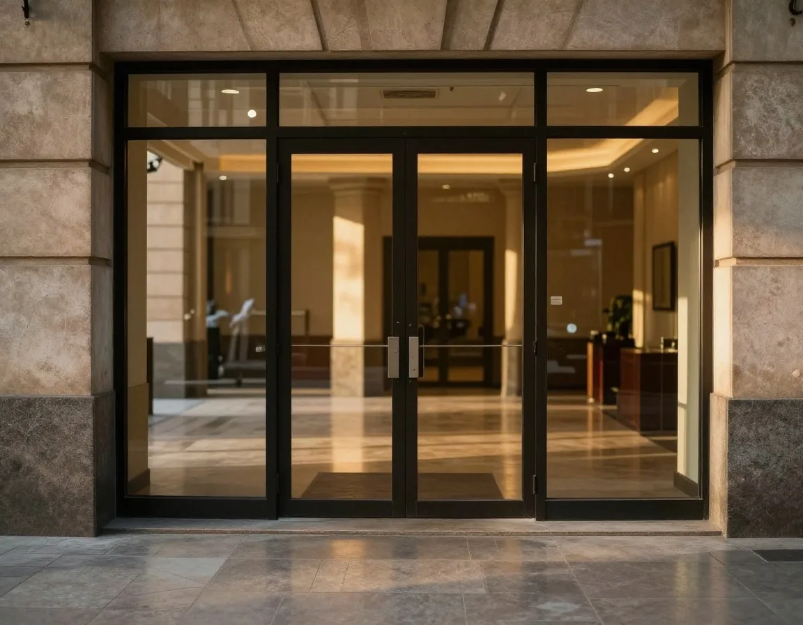 Salón interior de una sucursal bancaria con luz lateral suave