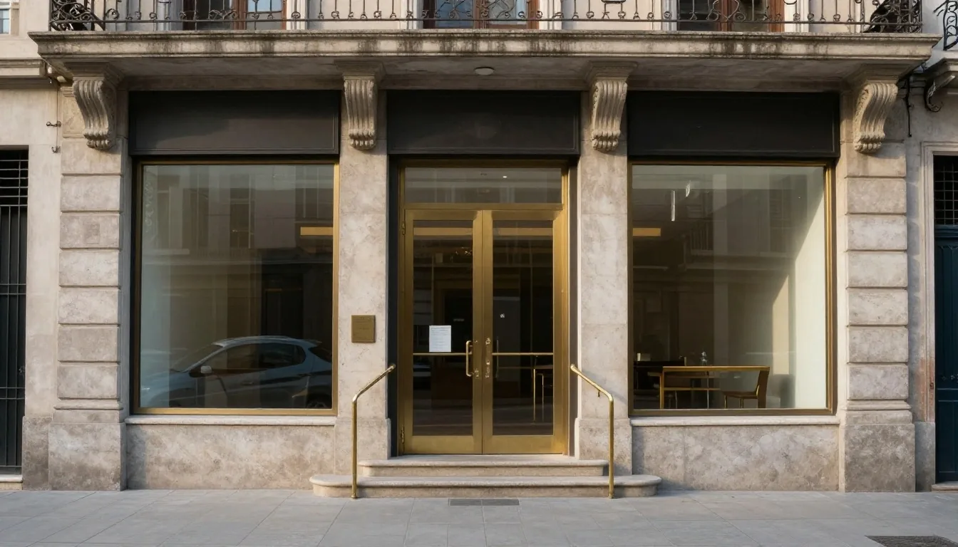 Entrada de sucursal bancaria con luz de mañana